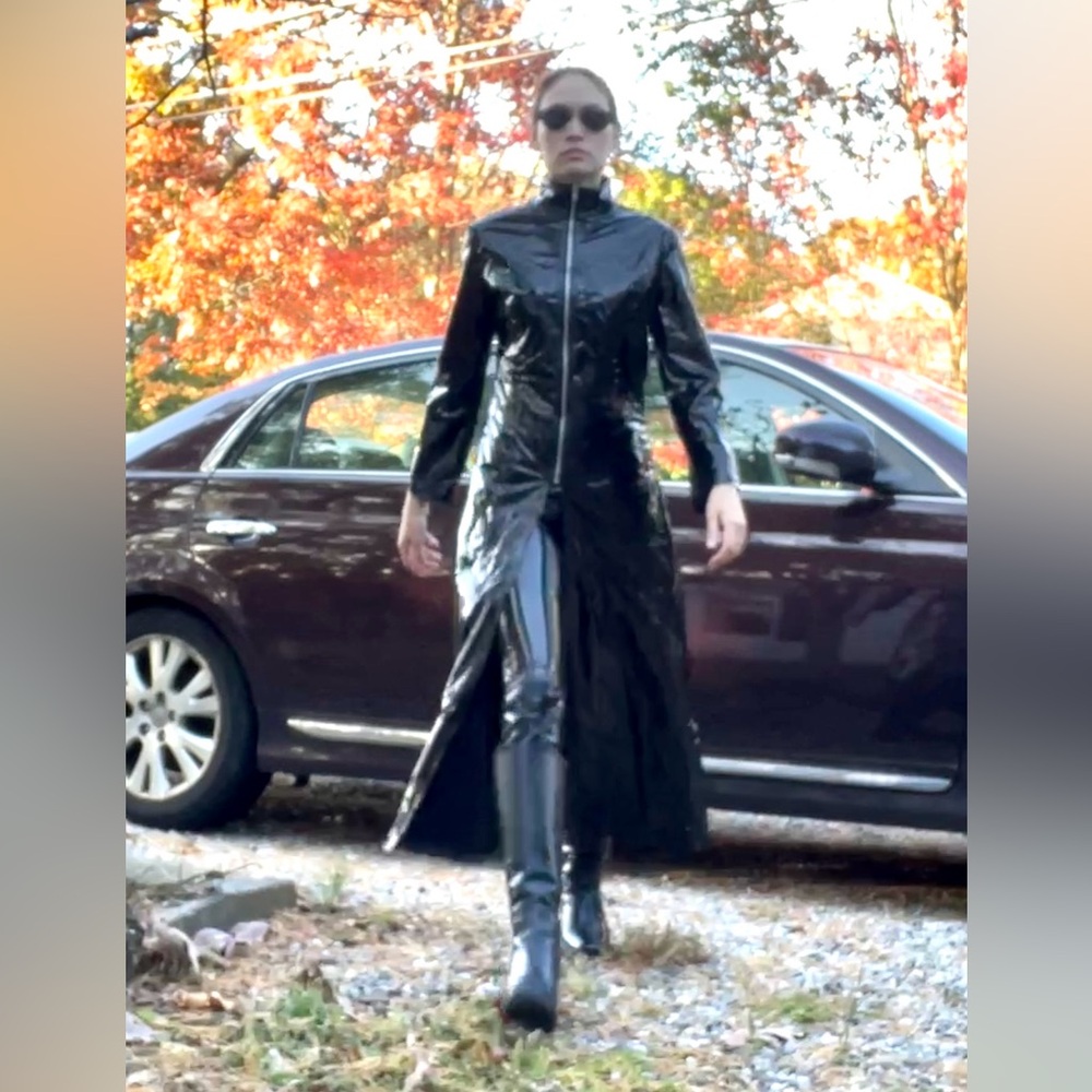 Trinity matrix black faux leather zip up trench coat